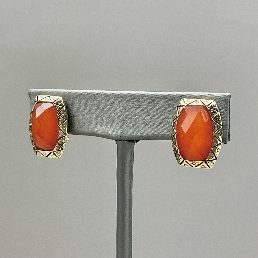 Earrings Gold Tone Orange Bead‎ Clip On Oval Retro Statement Jewelry Womens 3/4"